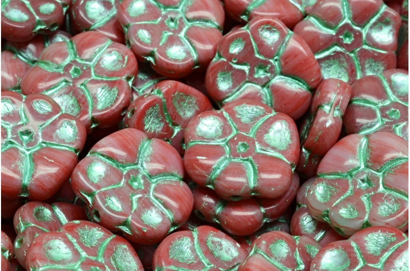 Primrose flower beads, White Red 54322 (R2932-54322), Glass, Czech Republic