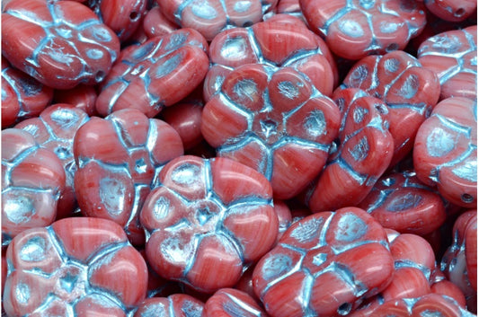 Primrose flower beads, White Red 54323 (R2932-54323), Glass, Czech Republic