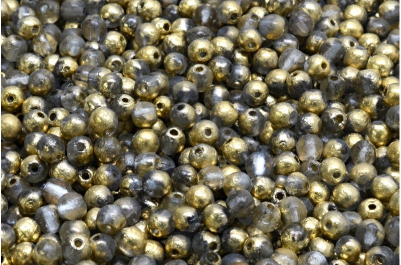 Round Druck Beads, Crystal Etched Gold (00030-etch-26441), Glass, Czech Republic