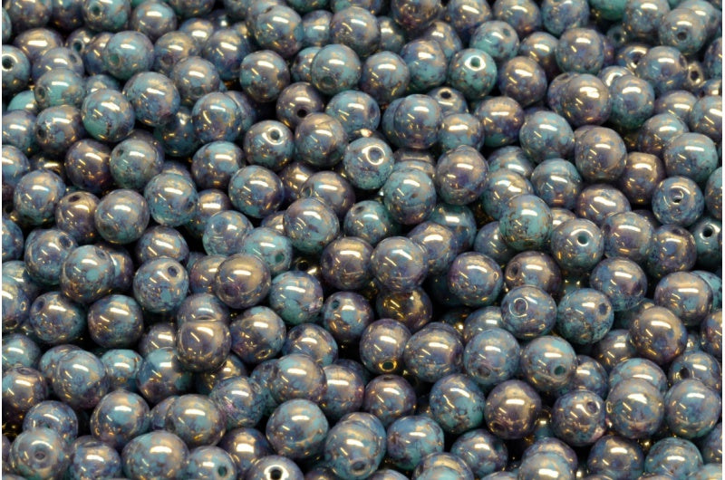 Round Druck Beads, Opal Aqua Turquoise Terracotta Violet (61100-63130-15496), Glass, Czech Republic