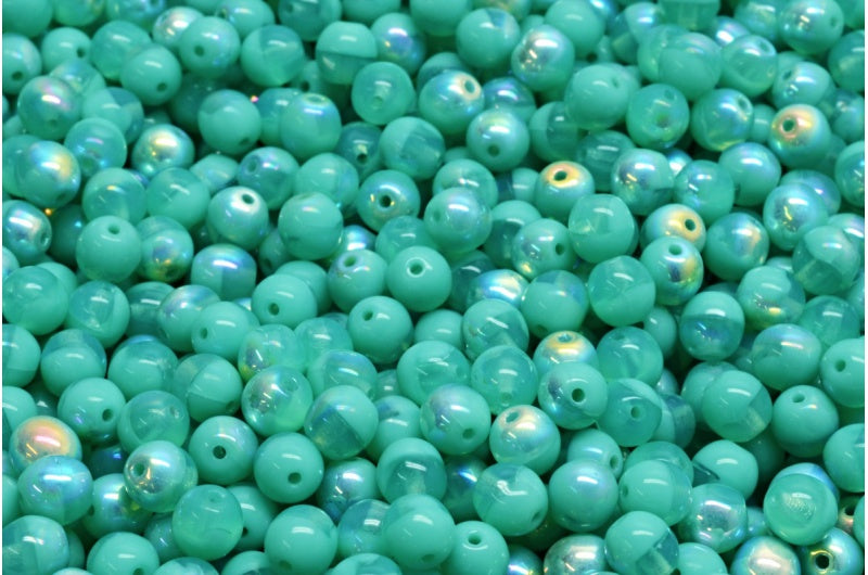 Round Druck Beads, Opal Aqua Turquoise Ab (61100-63130-28701), Glass, Czech Republic