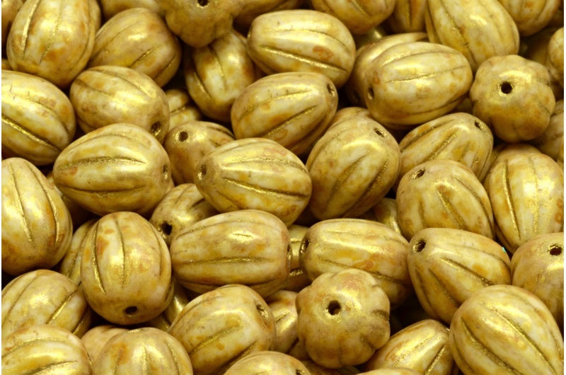 Drop Melon Beads, White Gold Luster Spotted Gold Lined (02010-65322-54302), Glass, Czech Republic