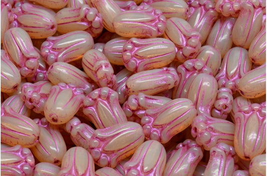 Tulip Bud Beads, Opal Orange Pink Lined (11000-43807), Glass, Czech Republic