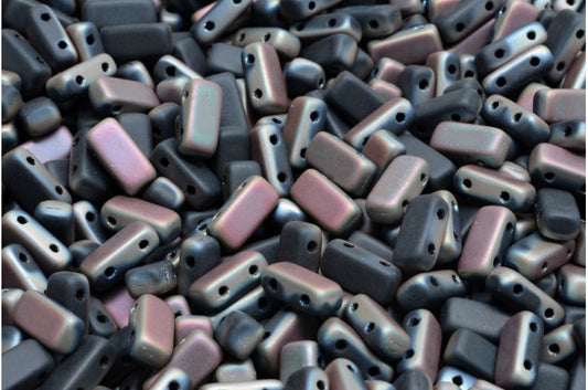 2-Holes Pressed Tile Beads, Black Matte Apricot Coatings (23980-84100-29121), Glass, Czech Republic