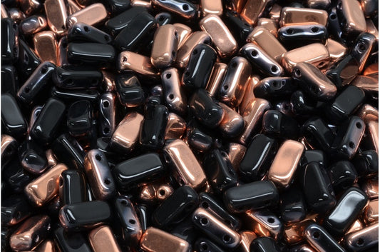 2-Holes Pressed Tile Beads, Black Rose Gold Capri (23980-27101), Glass, Czech Republic