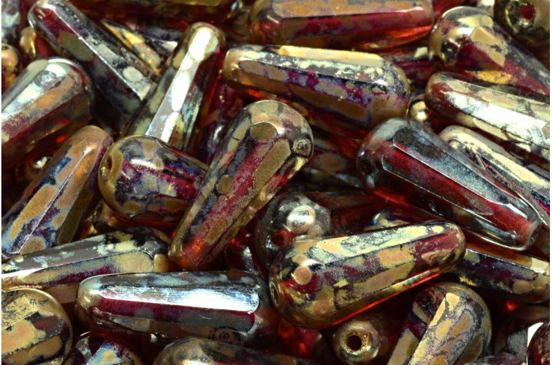 Faceted Fire polished Teardrop Beads, Transparent Red Picasso (70350-43400), Glass, Czech Republic