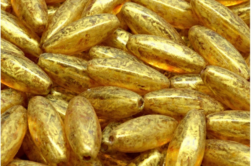 Peeled Olive beads, Crystal Gold Luster Spotted (00030-65322), Glass, Czech Republic