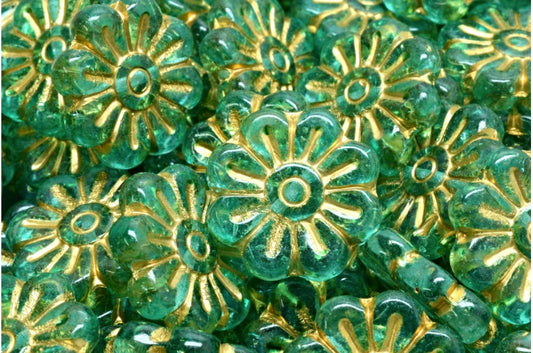 Daisy Flower Bead, Crystal Gold Lined Light Turquoise (00030-54302-34309), Glass, Czech Republic