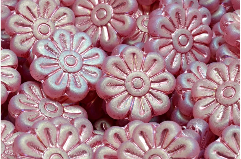 Daisy Flower Bead, Crystal Matte Ab Full (2X Side) Pink Lined (00030-84100-28703-54321), Glass, Czech Republic