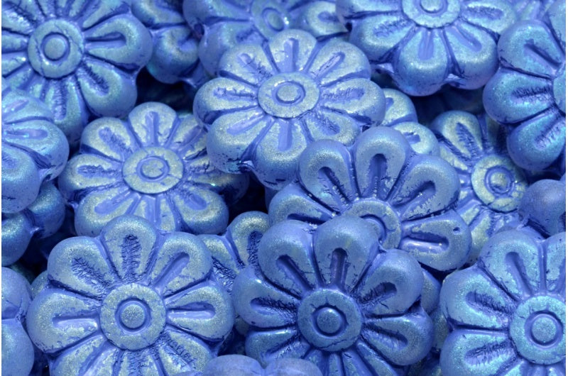 Daisy Flower Bead, Crystal Matte Ab Full (2X Side) Blue Lined (00030-84100-28703-54325), Glass, Czech Republic