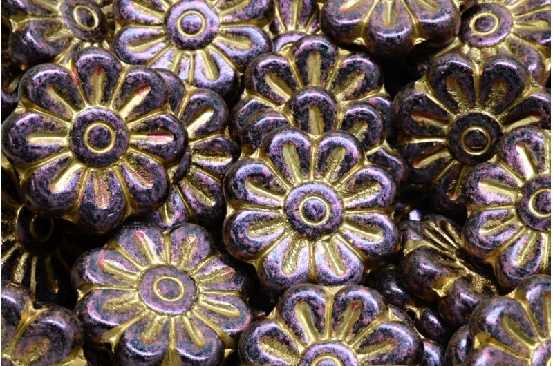 Daisy Flower Bead, Black Gold Lined Red Iridiscent (23980-54302-86944), Glass, Czech Republic
