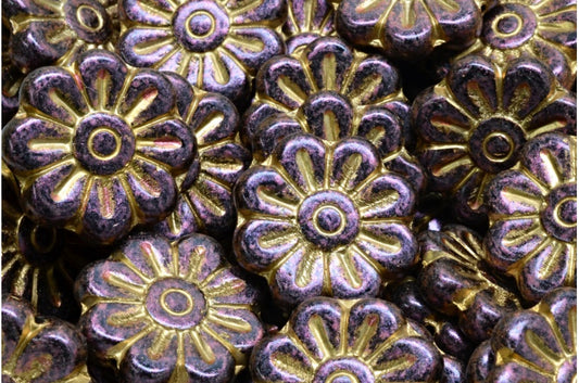 Daisy Flower Bead, Black Gold Lined Red Iridiscent (23980-54302-86944), Glass, Czech Republic