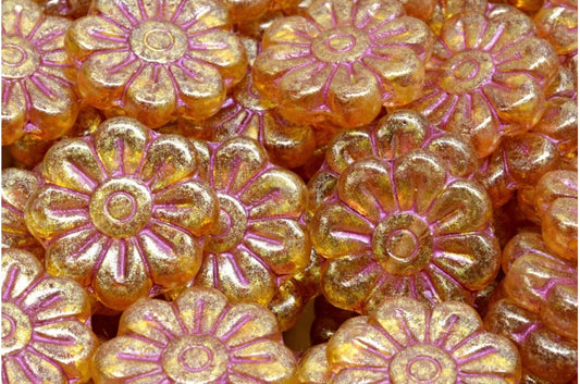 Daisy Flower Bead, R0103 Pink Lined Light Yellow (R0103-43807-34302), Glass, Czech Republic
