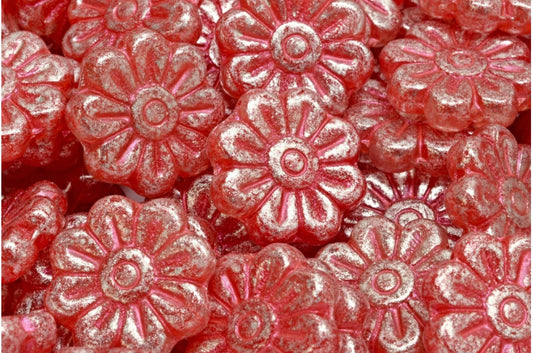 Daisy Flower Bead, R0932 Red Lined Silver Gray (R0932-43808-34301), Glass, Czech Republic