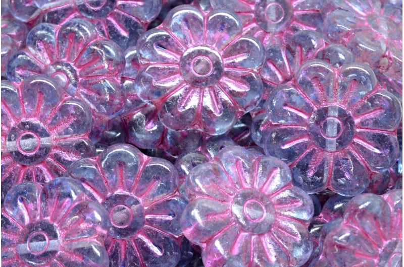 Daisy Flower Bead, Crystal Pink Lined Light Blue (00030-43807-34307), Glass, Czech Republic