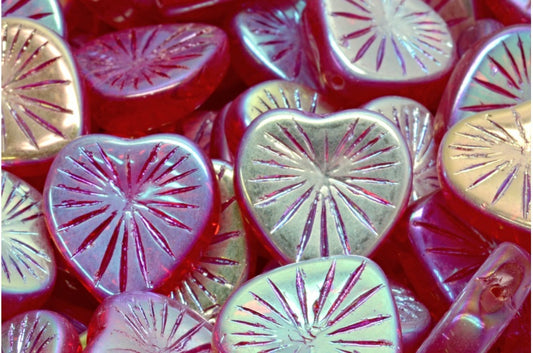 Kiwi Heart Beads, Ruby Red Ab Full (2X Side) (90080-28703), Glass, Czech Republic