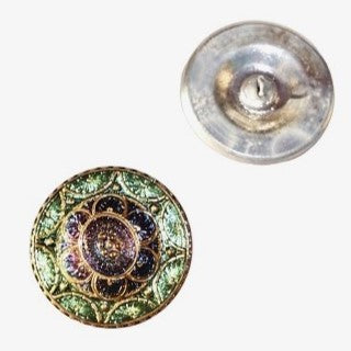 1個 ハンドペイントガラスボタン（飾り付き）、サイズ14（31.5 mm）、ガラス、チェコ共和国