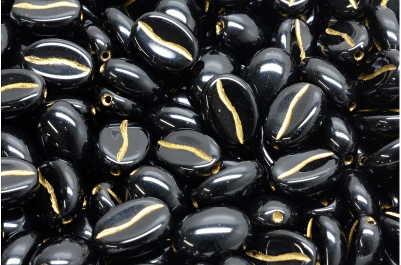 Coffee Bean Beads, Black Gold Lined (23980-54302), Glass, Czech Republic