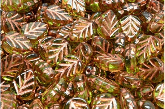 Mint Leaf Beads, Transparent Green Copper Lined (50220-54319), Glass, Czech Republic