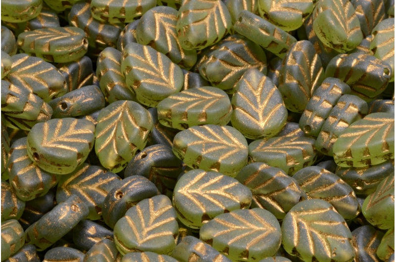 Mint Leaf Beads, Transparent Green Matte Gold Lined (50220-84100-54302), Glass, Czech Republic