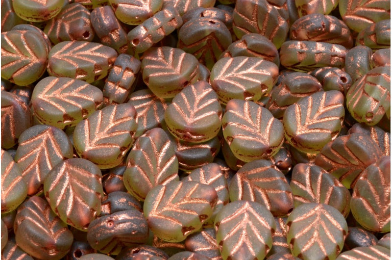 Mint Leaf Beads, Transparent Green Matte Copper Lined (50220-84100-54319), Glass, Czech Republic