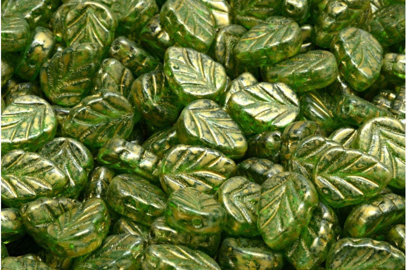 Mint Leaf Beads, Transparent Green Emerald Gold Splash (50700-86720), Glass, Czech Republic