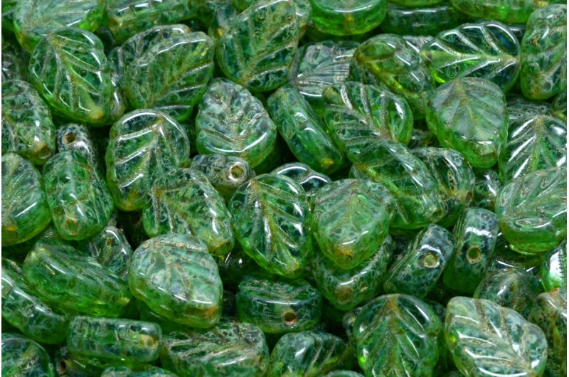 Mint Leaf Beads, Transparent Green Emerald Travertin (50700-86800), Glass, Czech Republic