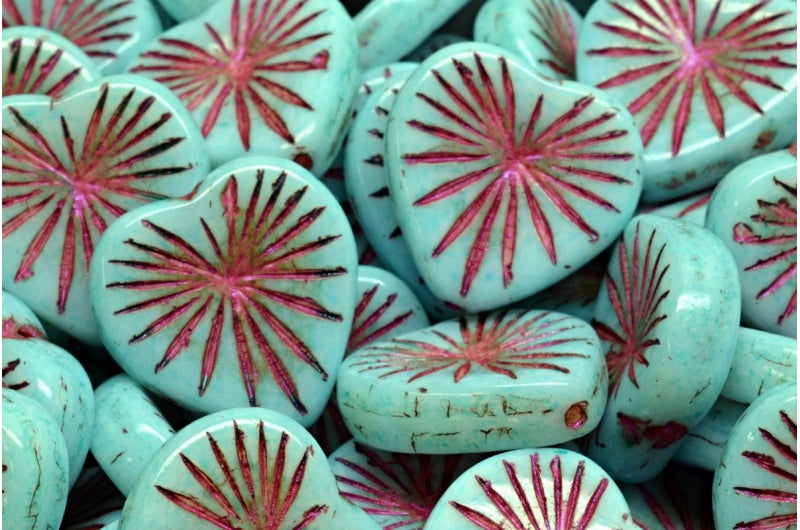 OUTLET 10 grams Kiwi Heart Beads, 18 x 18 mm, White Pink Lined Light Aqua Blue (02010-43807-34308), Glass, Czech Republic