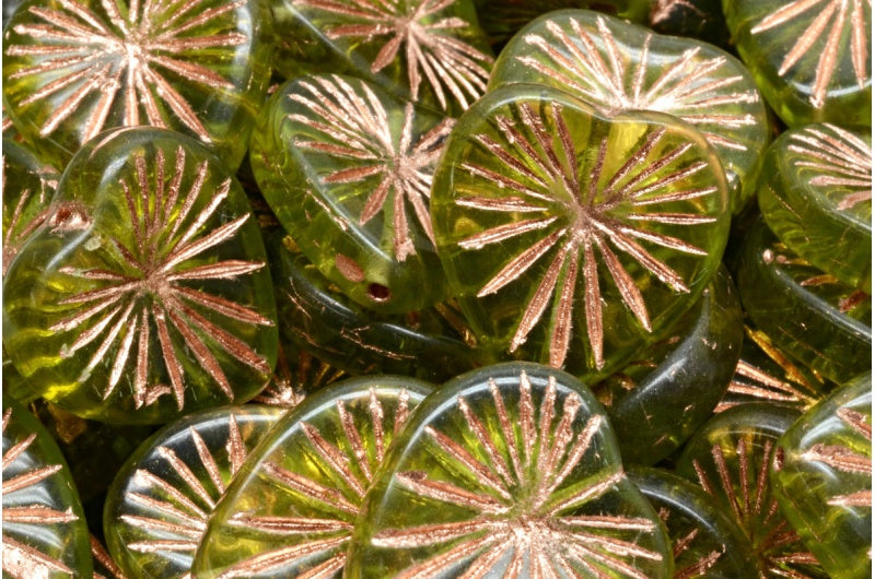 Kiwi Heart Beads, Transparent Green Copper Lined (50210-54318), Glass, Czech Republic