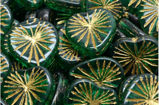 Kiwi Heart Beads, Transparent Green Emerald Gold Lined (50720-54302), Glass, Czech Republic