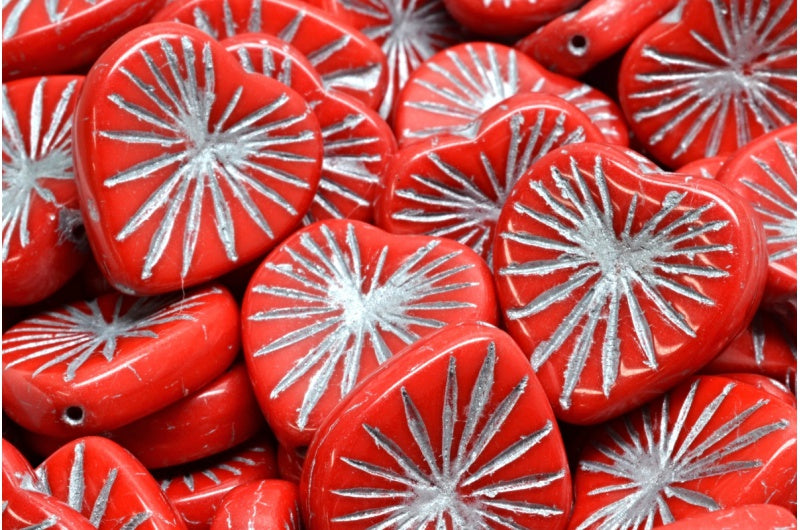 Kiwi Heart Beads, Red Silver Lined (93180-54301), Glass, Czech Republic