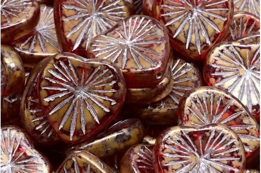 キウイハートビーズ、ルビーレッドゴールドスプラッシュシルバーライン（90080-86720-54301）、ガラス、チェコ共和国