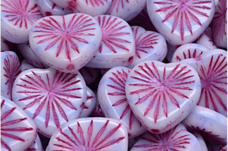 キウイハートビーズ、ライトブルーピンクのライン入り（07304-43807）、ガラス、チェコ共和国