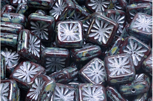 Squared Kiwi Beads, 93300 Travertin Silver Lined (93300-86800-54301), Glass, Czech Republic