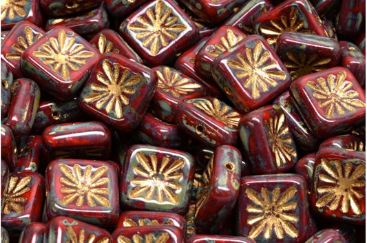 OUTLET 10 grams Squared Kiwi Beads, 10 x 10 mm, Opaque Red Travertin Gold Lined (93200-86800-54302), Glass, Czech Republic