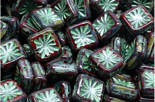 Squared Kiwi Beads, 93300 Travertin Green Lined (93300-86800-54322), Glass, Czech Republic