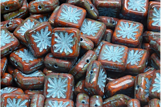 Squared Kiwi Beads, Opaque Orange Travertin Light Blue Lined (93120-86800-54308), Glass, Czech Republic
