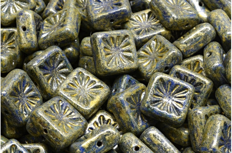 OUTLET 10  grams Squared Kiwi Beads, 10 x 10 mm, Opaque Blue Travertin Light Yellow (33050-86800-34302), Glass, Czech Republic