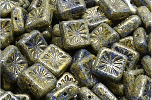 OUTLET 10  grams Squared Kiwi Beads, 10 x 10 mm, Opaque Blue Travertin Light Yellow (33050-86800-34302), Glass, Czech Republic