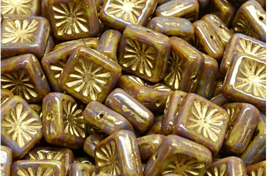 Squared Kiwi Beads, Opaque Gray Travertin Gold Lined (43020-86800-54302), Glass, Czech Republic