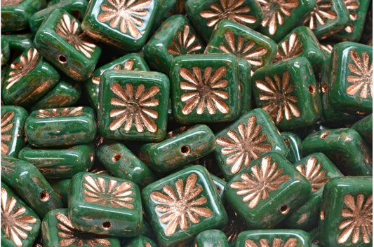 Squared Kiwi Beads, Opaque Green Travertin Copper Lined (53240-86800-54318), Glass, Czech Republic
