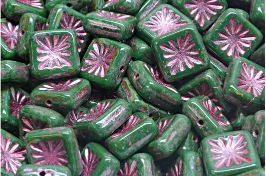 Squared Kiwi Beads, Opaque Green Travertin Pink Lined (53240-86800-54321), Glass, Czech Republic