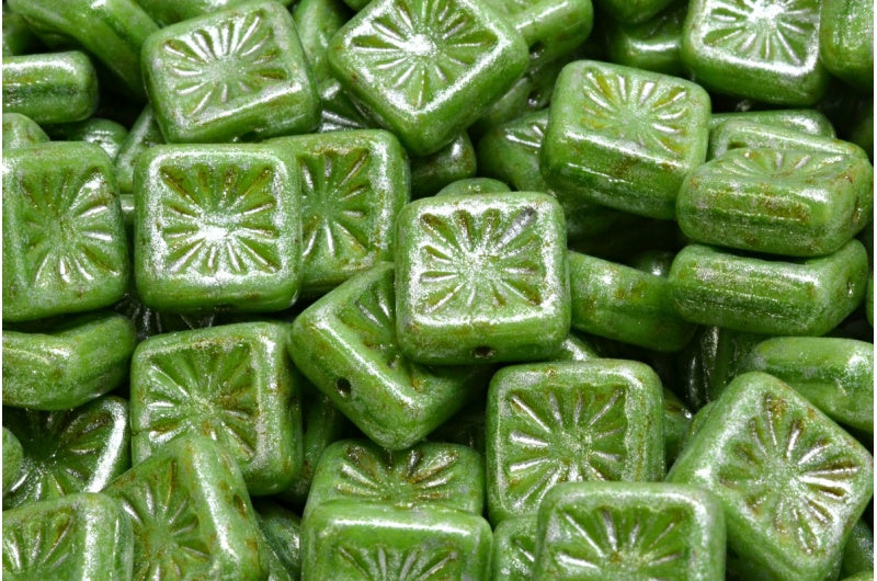 OUTLET 10  grams Squared Kiwi Beads, 10 x 10 mm, Opaque Green Travertin Silver Gray (54020-86800-34301), Glass, Czech Republic