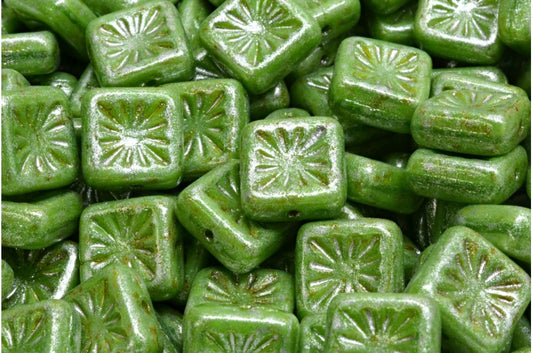 OUTLET 10  grams Squared Kiwi Beads, 10 x 10 mm, Opaque Green Travertin Silver Gray (54020-86800-34301), Glass, Czech Republic