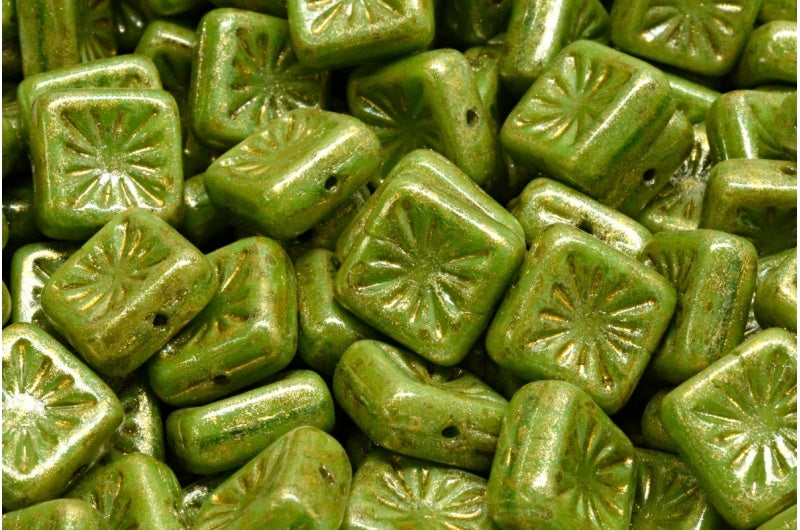 Squared Kiwi Beads, Opaque Green Travertin Light Yellow (54020-86800-34302), Glass, Czech Republic