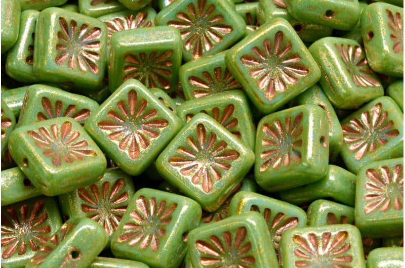 OUTLET 10 grams Squared Kiwi Beads, 10 x 10 mm, Turquoise Copper Lined Light Yellow (63130-54307-34302), Glass, Czech Republic