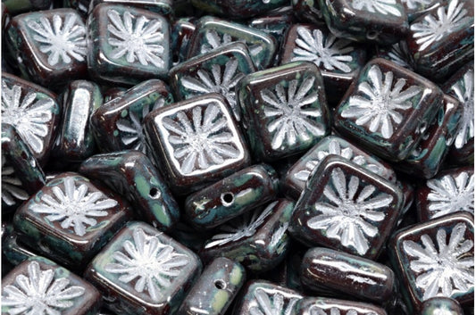 Squared Kiwi Beads, 13530 Travertin Silver Lined (13530-86800-54301), Glass, Czech Republic