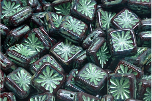 Squared Kiwi Beads, 13530 Travertin Green Lined (13530-86800-54322), Glass, Czech Republic