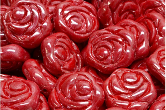 Flat Round Rose Flower Beads, Opaque Red Hematite (93200-14400), Glass, Czech Republic