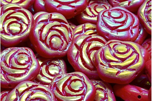 Flat Round Rose Flower Beads, Opaque Red Ab Full (2X Side) (93200-28703), Glass, Czech Republic